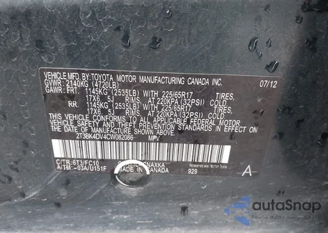 2012 Toyota Rav4 Base V6 from USA, damaged, VIN 2T3BK4DV4CW082086